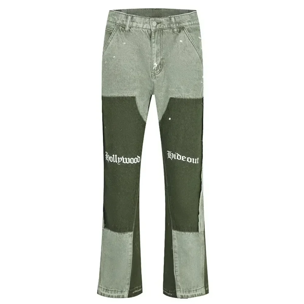 Hedirax fall outfits y2k European and American high street men's washed jeans retro personalized straight-leg splicing flared pants trendy denim trousers