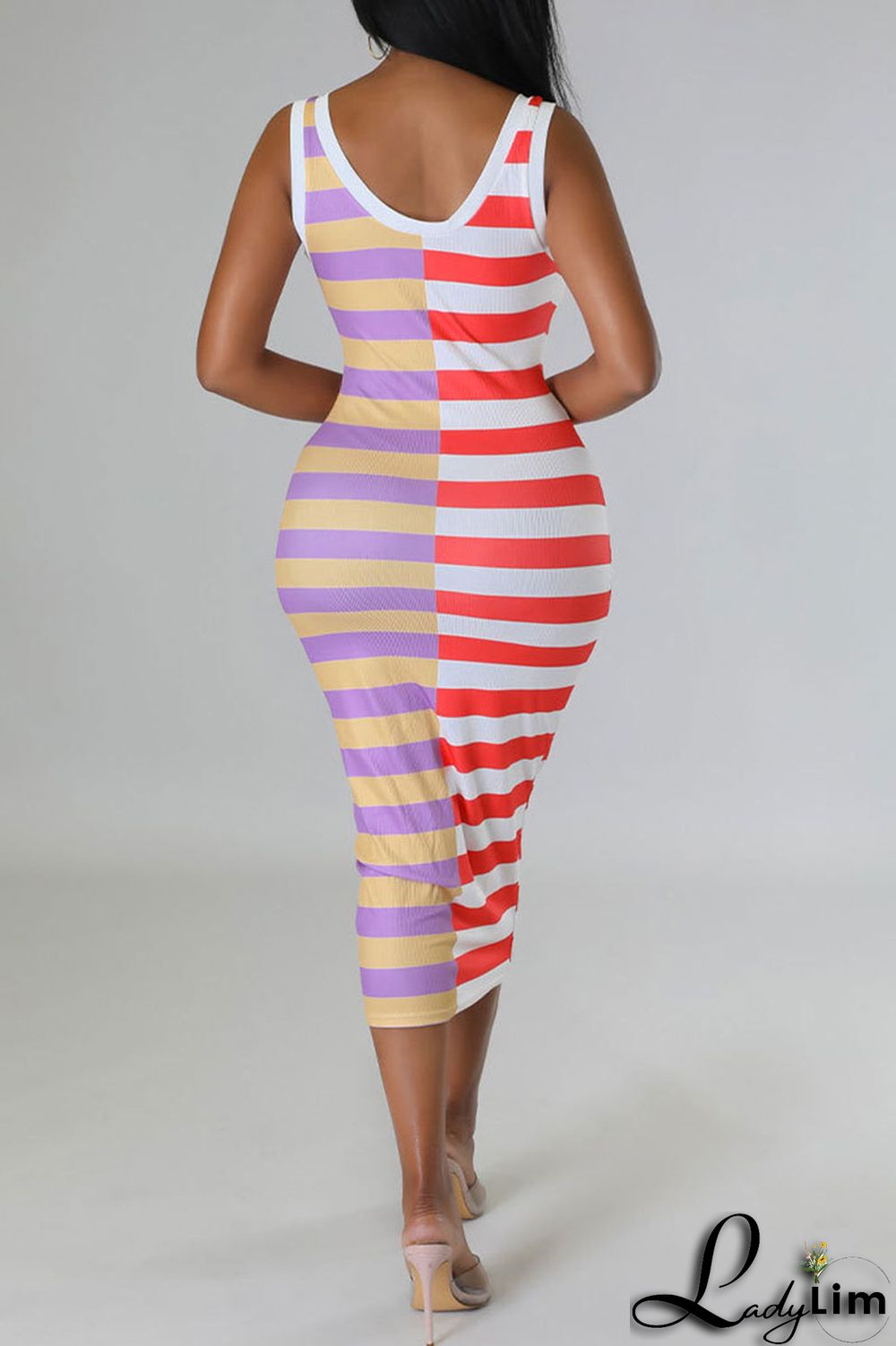 Blue Casual Striped Print Patchwork U Neck Pencil Skirt Dresses