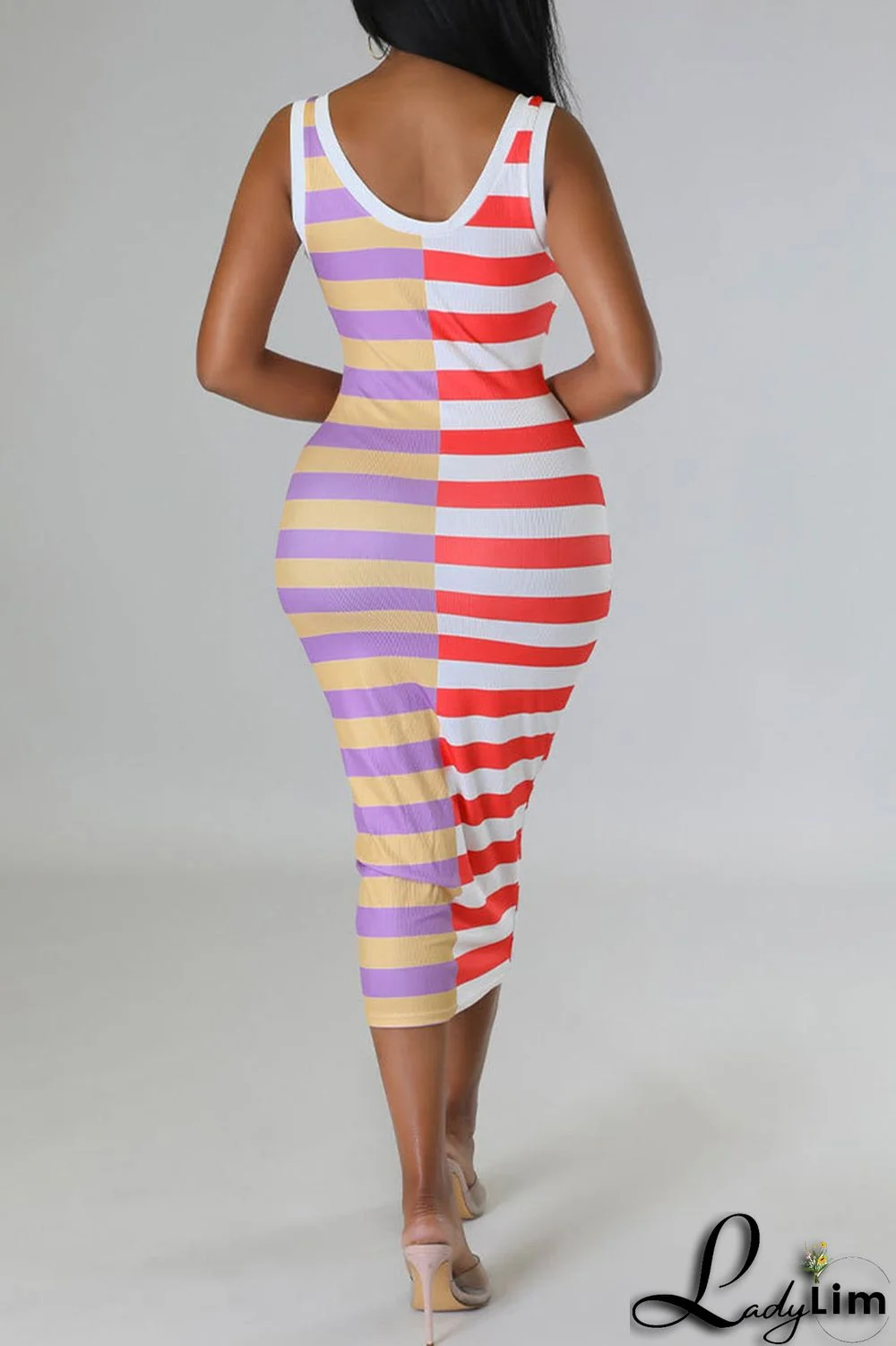 Blue Casual Striped Print Patchwork U Neck Pencil Skirt Dresses