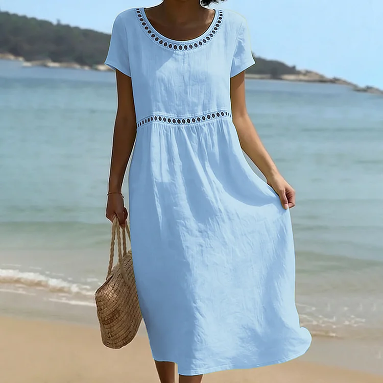 Round Neck Short Sleeve Lace Solid Color Dress