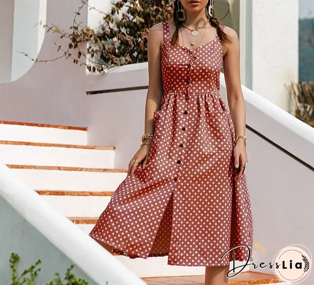 Casual Polka Dot Dress Sleeveless Holiday style high waist buttoned women's Dress Fashion Mid-length summer dresses NEW