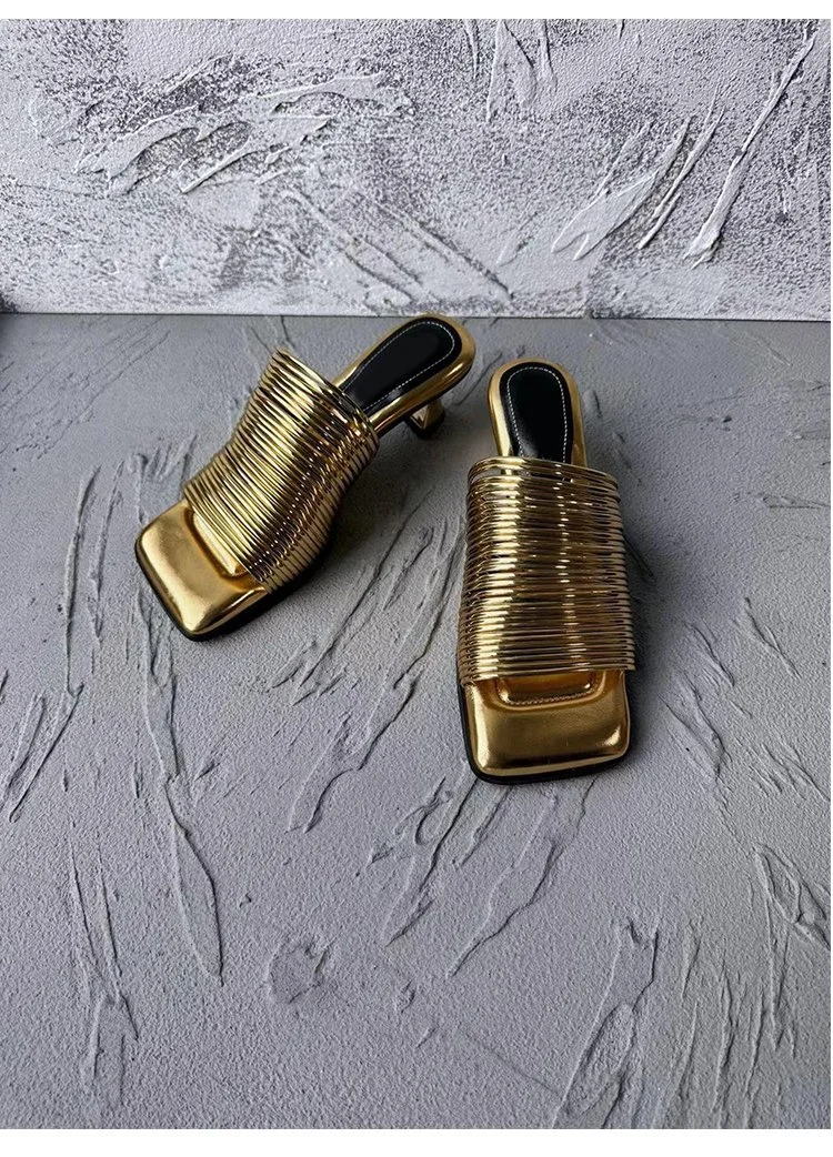 Yyvonne Head With Thin And Silver Cool Slippers Woman 2025 Summer High Heel Half-Dragging Wearing Silver Gold Simple Slippers