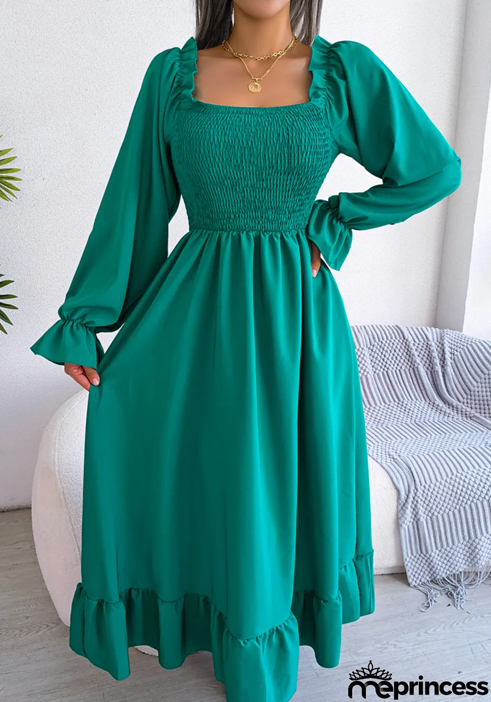 Women Casual Square Neck Bell Bottom Ruffle Maxi Dress