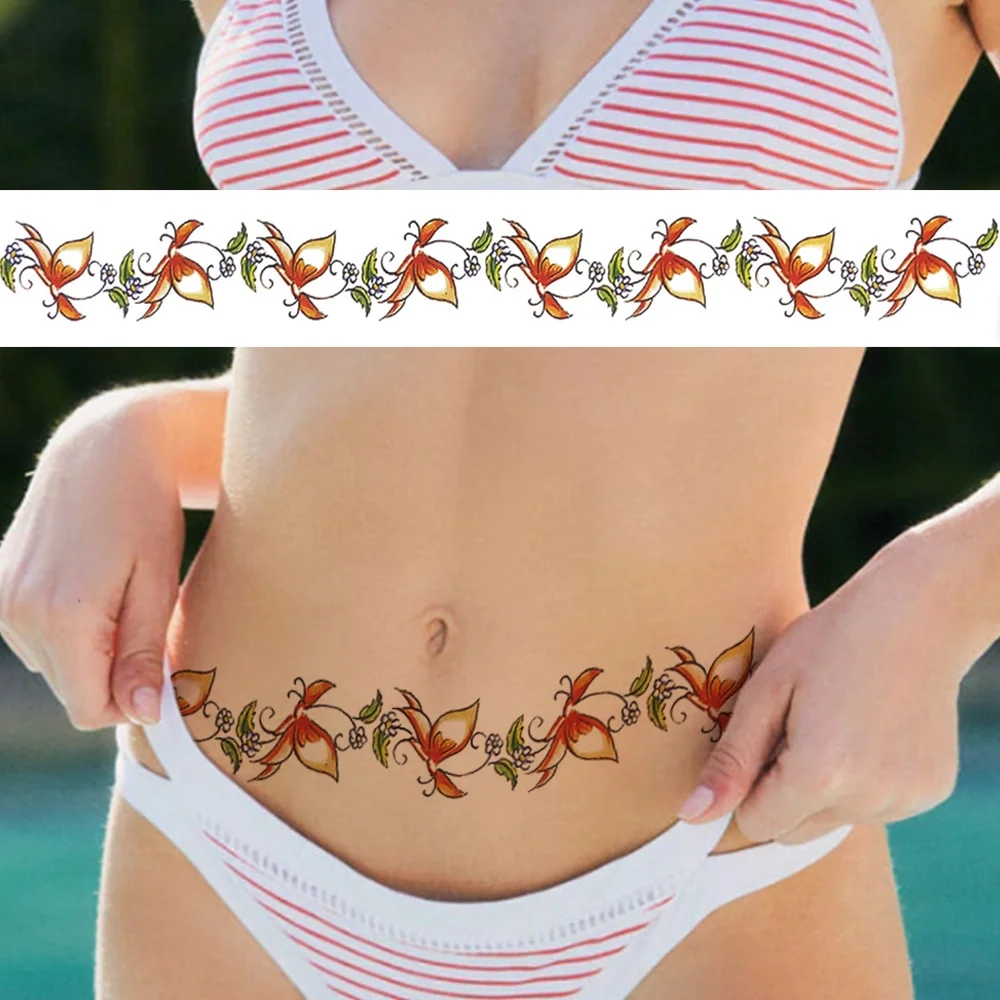 Sdrawing Butterfly Temporary Tattoos For Women Girls Fake Flower Tattoo Sticker Thorns Lily Daffodil Waist Sexy Tatoos