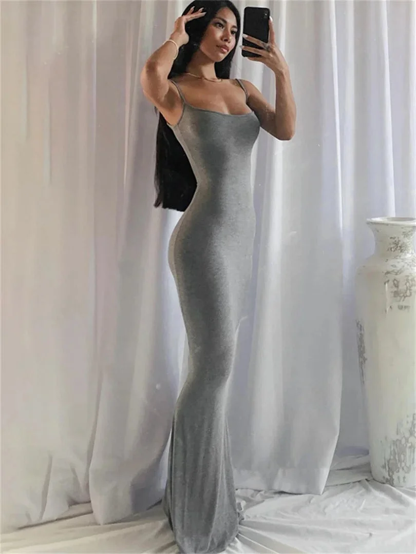 Oocharger Spaghetti Strap Bodycon Long Dress Summer 2024 Women Sleeveless Wrapped Fish Tail Dress Solid Color Club Streetwear