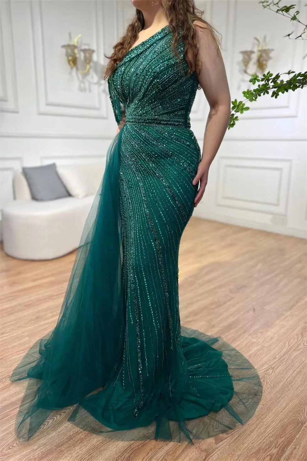 Bellasprom Emerald Green One Shoulder Sleeveless Mermaid Prom Dress With Split Beadings Ruffles Bellasprom