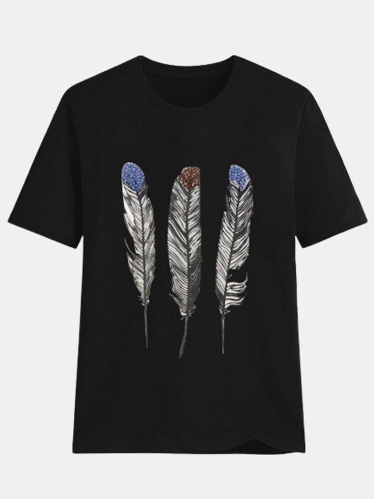Feather Print Short Sleeves O neck Casual T shirt For Women P1691424
