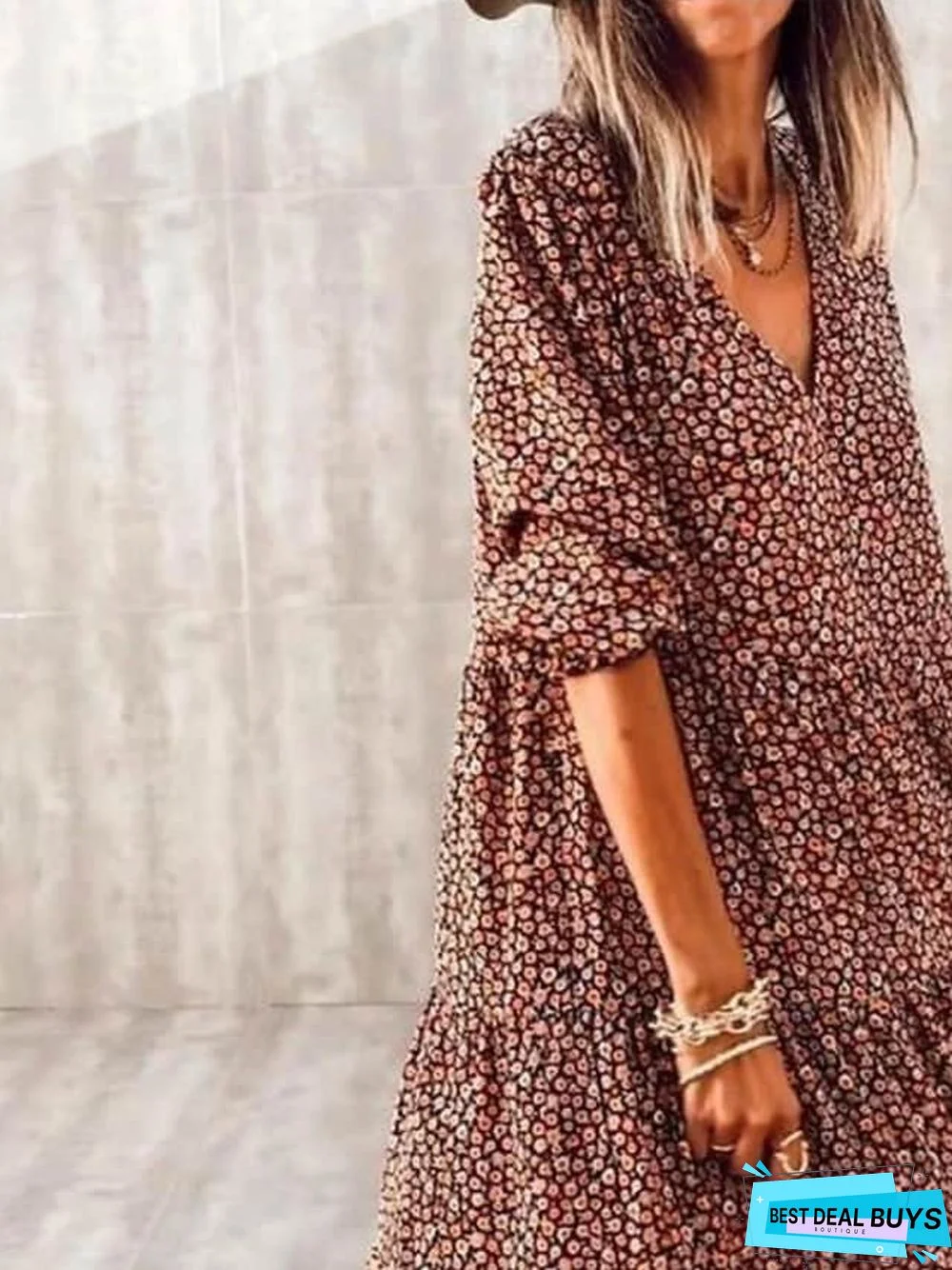Women's Swing Dress Midi Dress Brown Long Sleeve Print Summer V Neck Hot Casual Boho Vacation Dresses