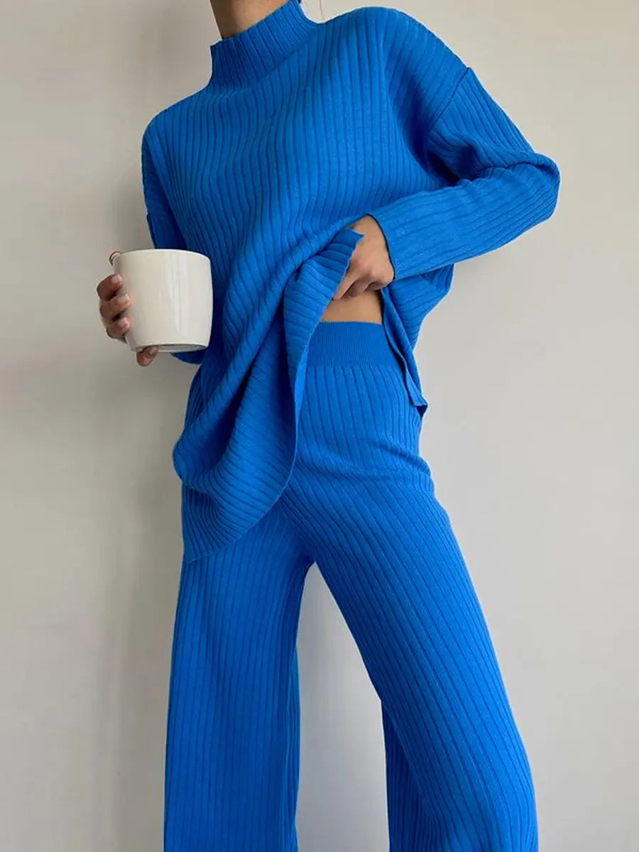 Solid Color Long Sleeve Knit Top & Straight Pants Sets