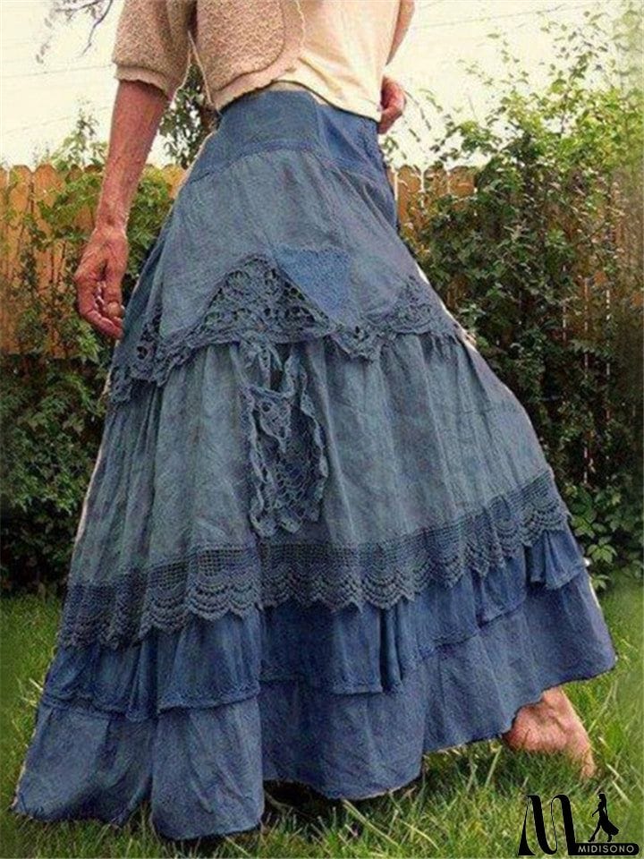 MidiSono - Vintage Patchwork Lace Cake Long Skirt