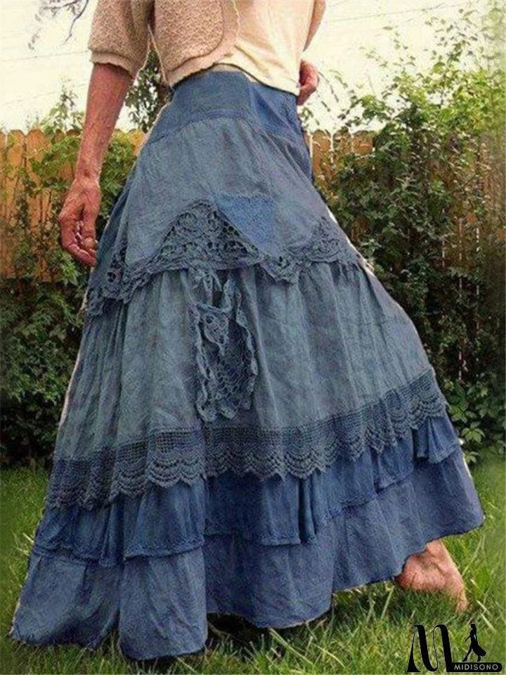 MidiSono - Vintage Patchwork Lace Cake Long Skirt