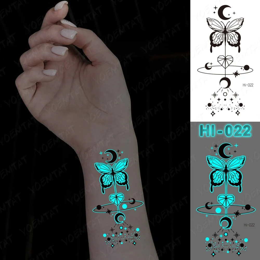 Blue Luminous Glow Tattoo Sticker Mountain Moon Waterproof Temporary Tatoo Nature Forest Sea Fake Tatto For Body Art Women Men
