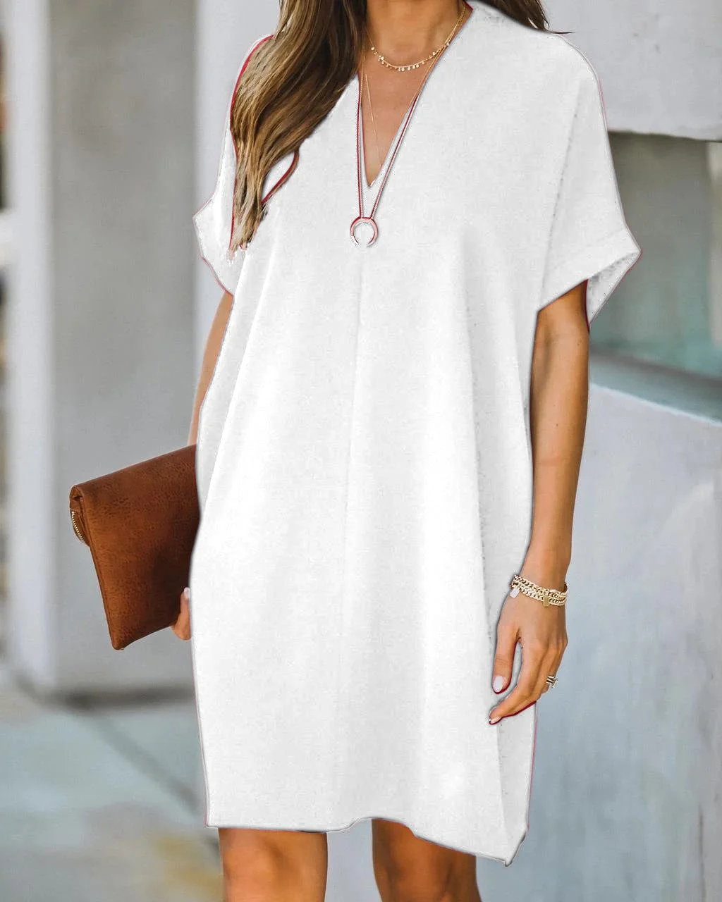Brownm V-neck Short-sleeved Solid Color Loose Dresses