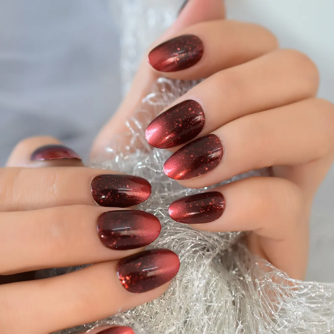 Retro Dark Red False Nails Medium Length Oval Press On Nail Tips Glitter Galaxy Nail Art with Adhesive Tape-Nail Inspo
