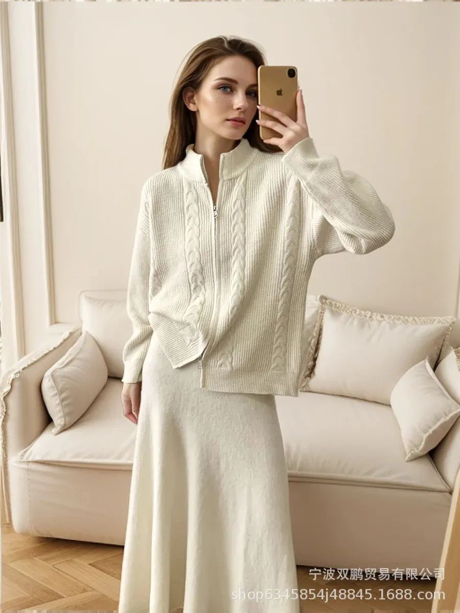 Athvotar Athvotar Loose Knitted Suit Women 2025 Autumn And Winter New Zipper Sweater + Fishtail Skirt