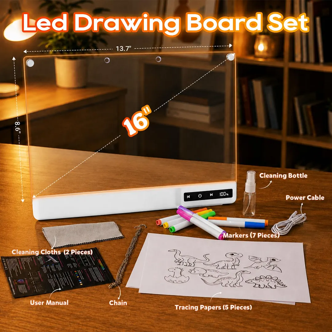 BEBANG LED Drawing Board for Kids, 2000mAh Battery, Built-in Stand, 14 Light Modes & 8 Colors, 7 Markers, Ideal Birthday Gift for Kids