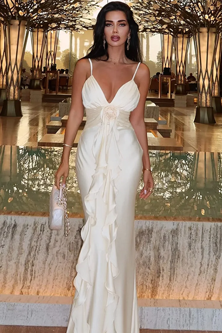 Cocktail Light Apricot Satin 3D Floral Ruffle Cami Maxi Dress