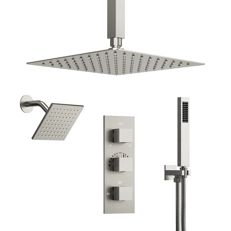 EVERSTEIN Thermostatic 3 Sprayers Shower System in Brushed Nickel, 12 In.