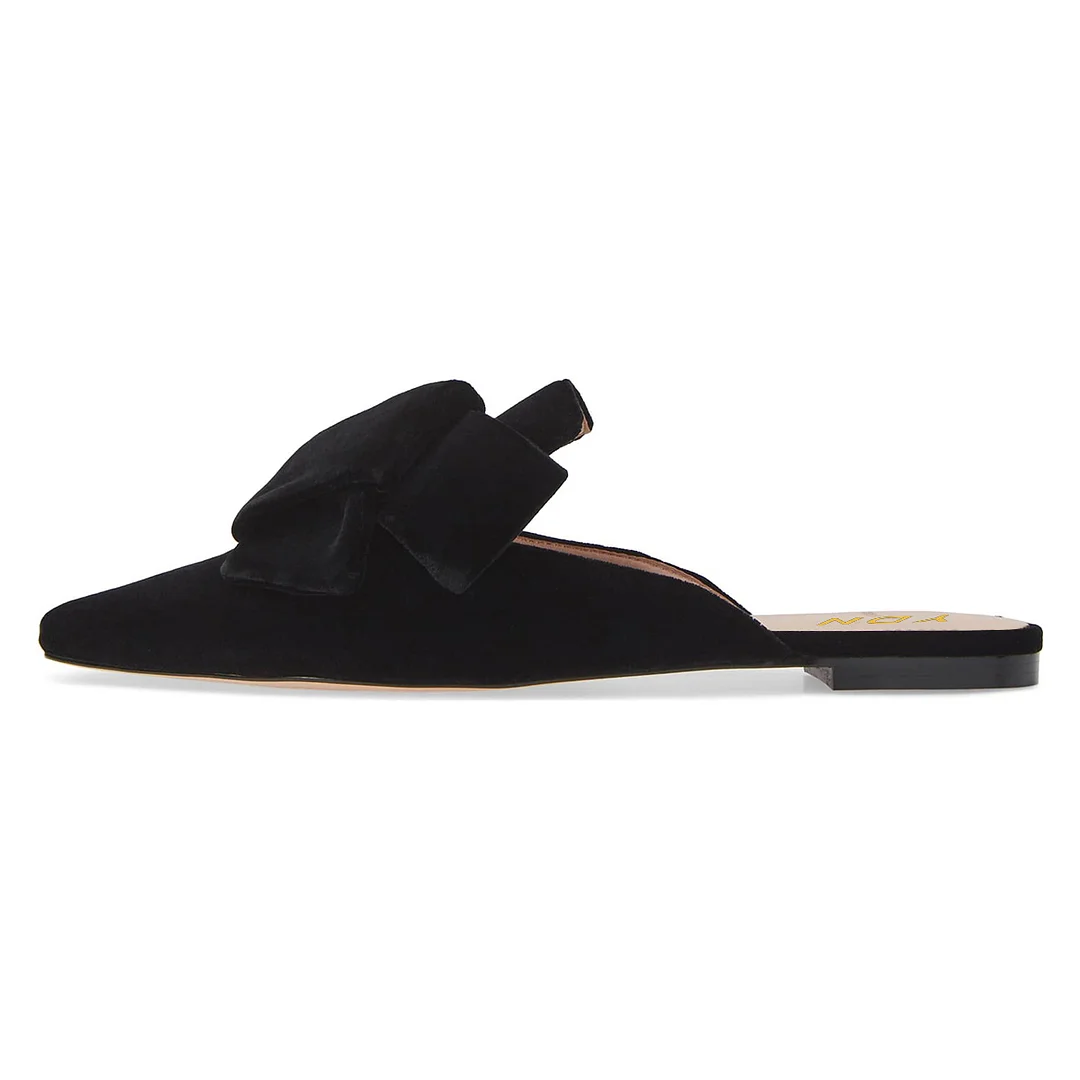 Women's Black Velvet Knot Accent Pointed Toe Flat Mules Shoes