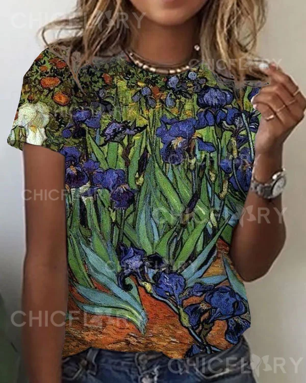 Women's Art Flowers Print Casual T-Shirt