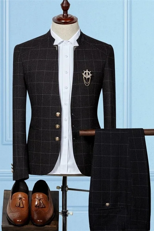 Classic 2 Pieces Wedding Suits Outfits For Groom And Groomsmen Black With Plaid