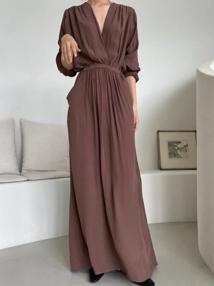 V-neck Cross-waist Wrinkled Loose Long Dress