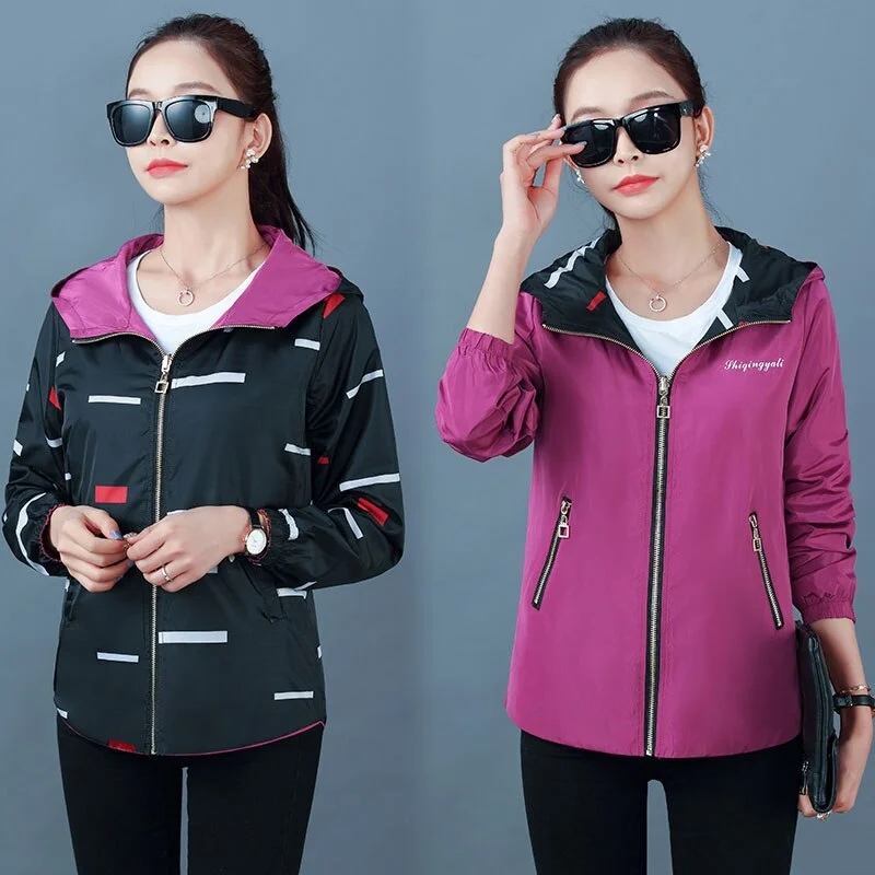 NEEDBO Women Hooded Jackets Two Side Wear Print Outwear Coat Female Windbreaker Tops Pocket Zipper Jackets Causal Windbreaker