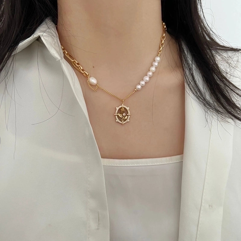 Copper 18K Gold Plated Beach Artistic Shiny Rose Pearl Hollow Out Inlay Zircon Bracelets Necklace