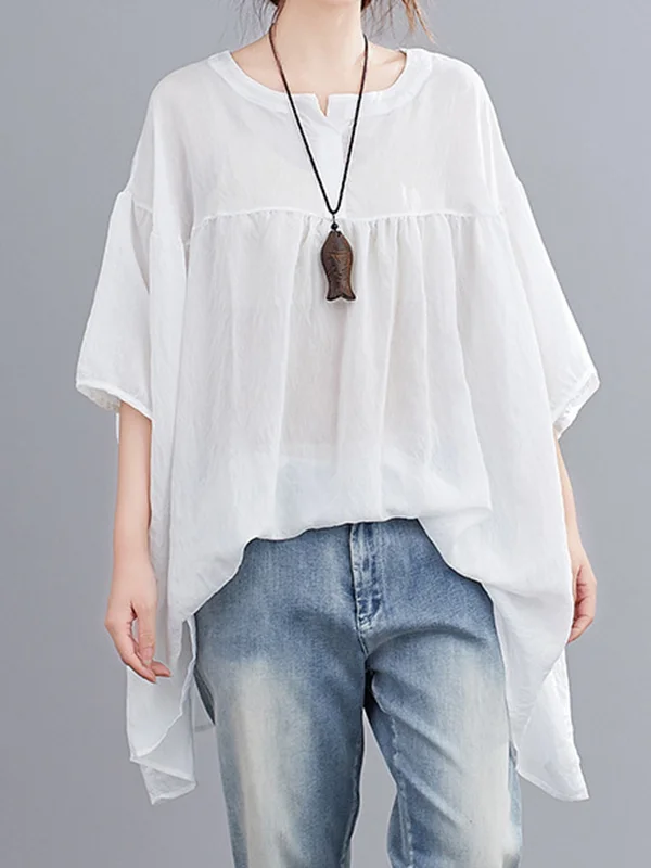 Half Sleeves Loose Pleated See-Through Solid Color Round-Neck Blouses&Shirts Tops