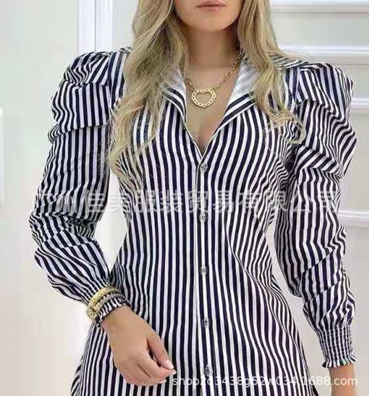 2021 European and American new style women's striped puff sleeve slim shirt dress