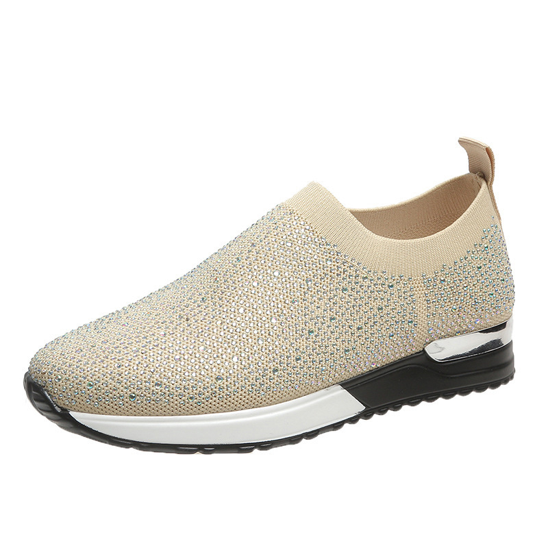 Toneke popular women's shoes Rhinestone Mesh Sneakers Women Lightweight Breathable Casual Shoes New Fashion White Wedges Slip-on Loafers Flat Shoes Women