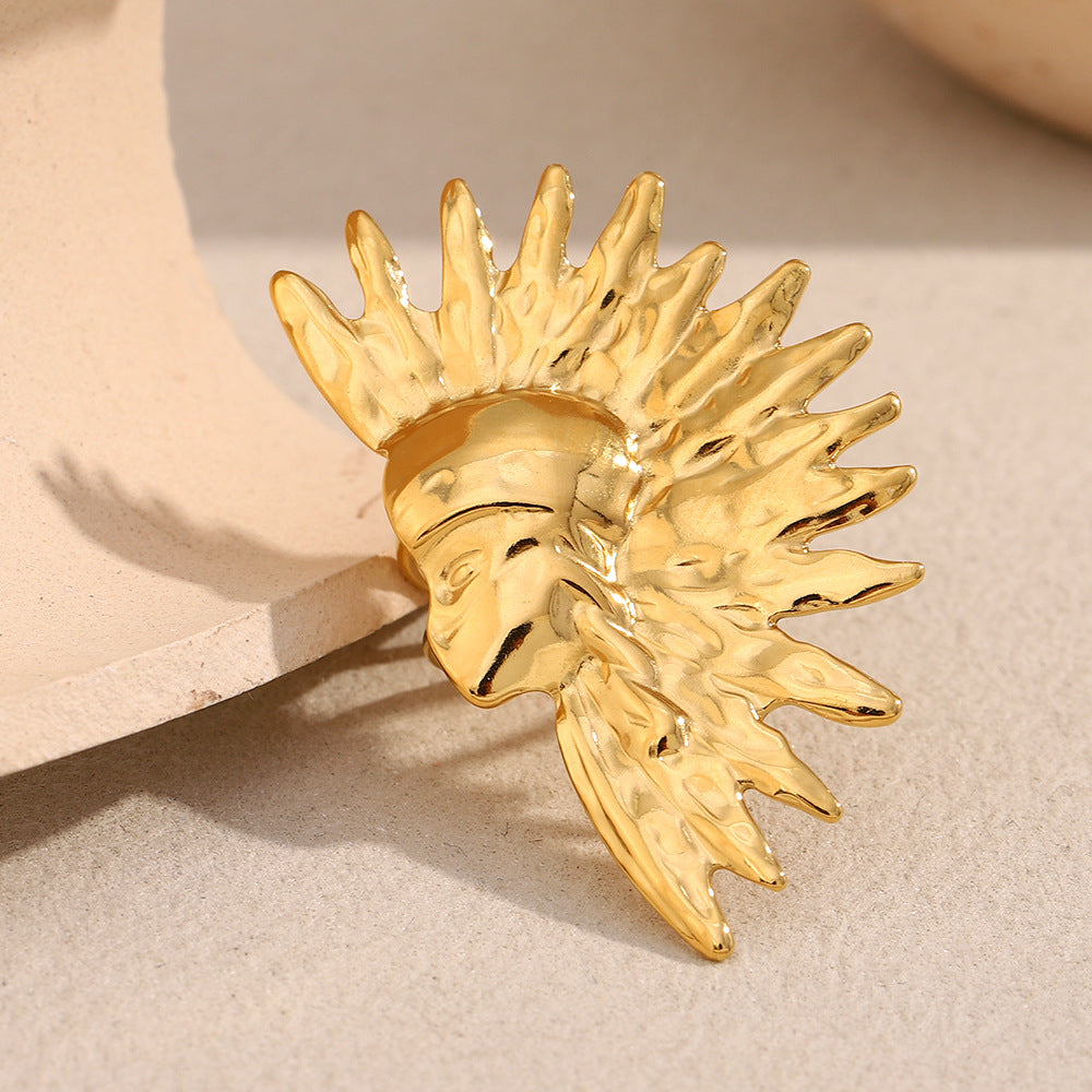 Personality Exaggerated Fashion Hand Stainless Steel Plated 18K Gold Half Sun Open Ring Female