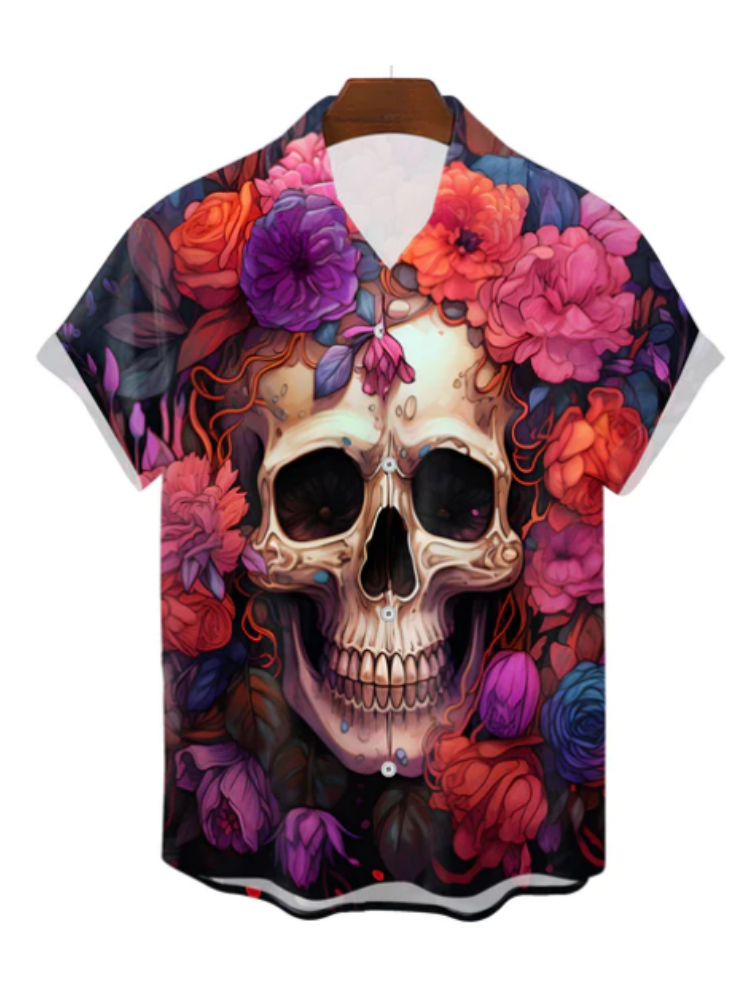 Men'S Hawaiian Skull Button Up Short Sleeve Shirts