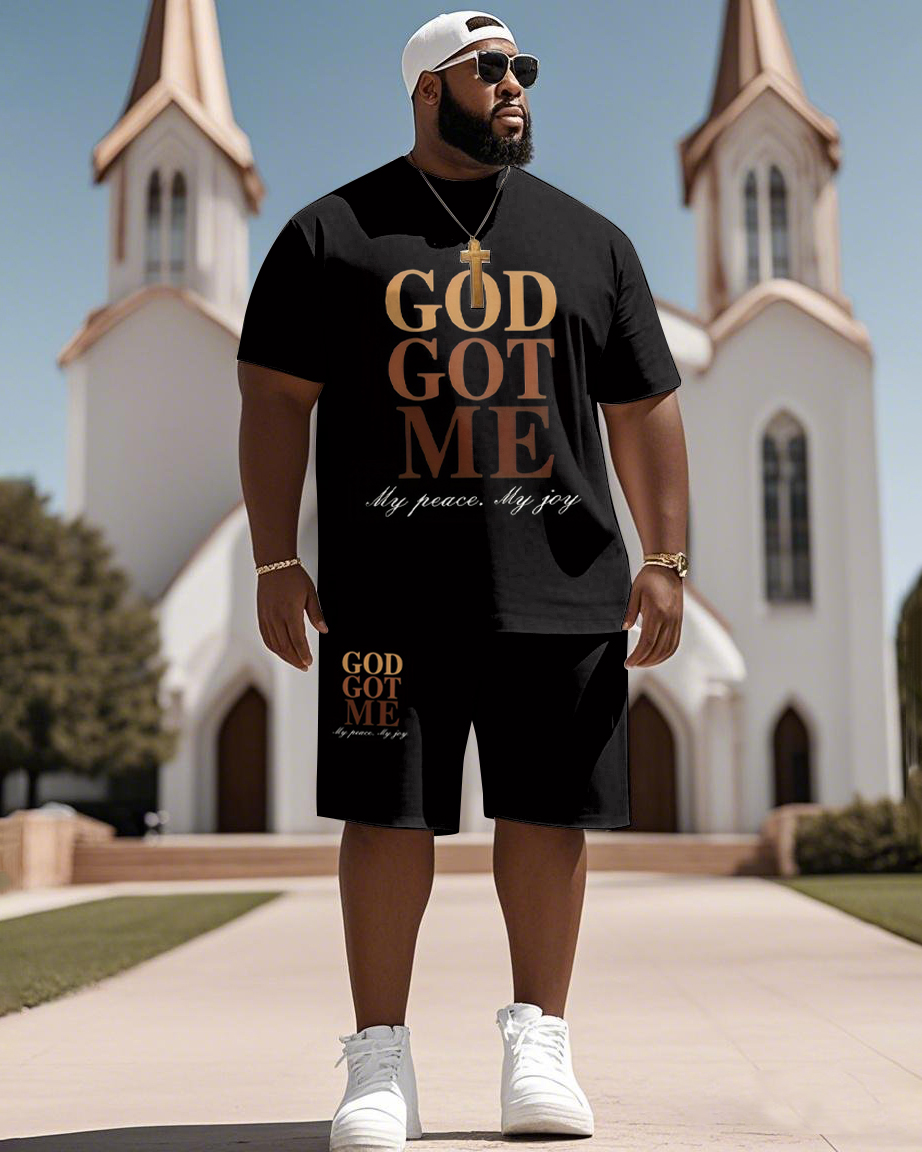 Men's Plus Size Gold Got Me Letters Print Short Sleeve T-Shirt Shorts Suit