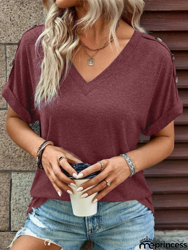 Solid Short Sleeve V-Neck Top with Buttons