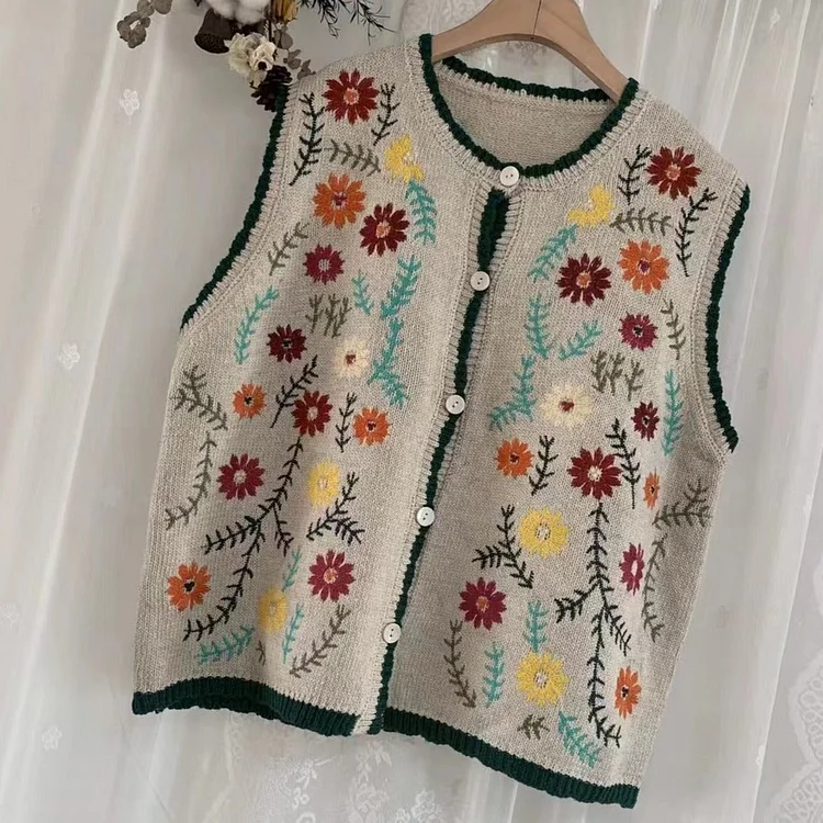 Queenfunky cottagecore style Forestcore Embroidered Knitted Vest QueenFunky
