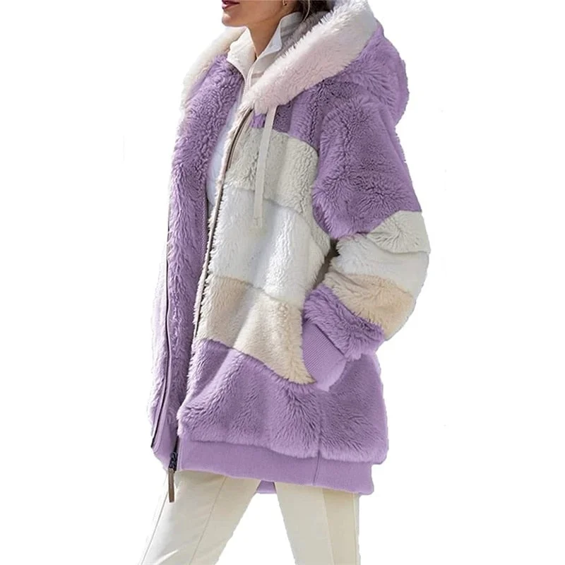 Women Warm Hooded Jacket Winter Zipper Casual Patchwork Loose Coat Fashion Faux Fur Parka Fleece Drawstring Plus Size Coat