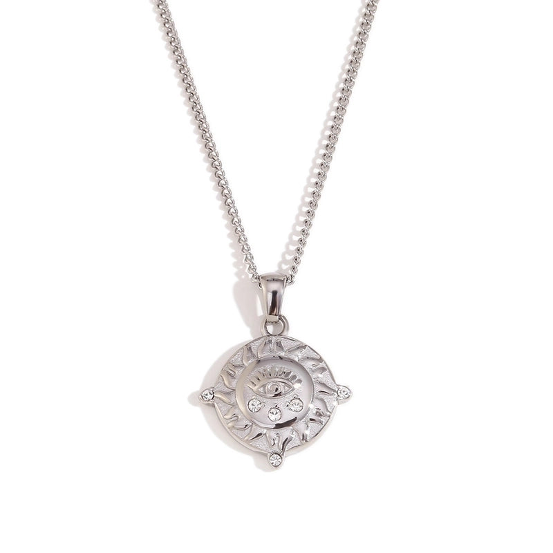 Casual IG Style Geometric Sun Gesture Titanium Steel Zircon 18K Gold Plated Inlay Pendant Necklace