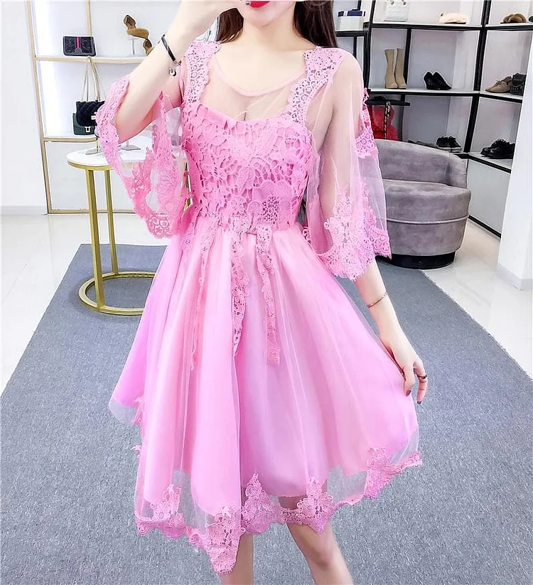 Gray/White/Pink Fairy Lace Flower Dress S12744