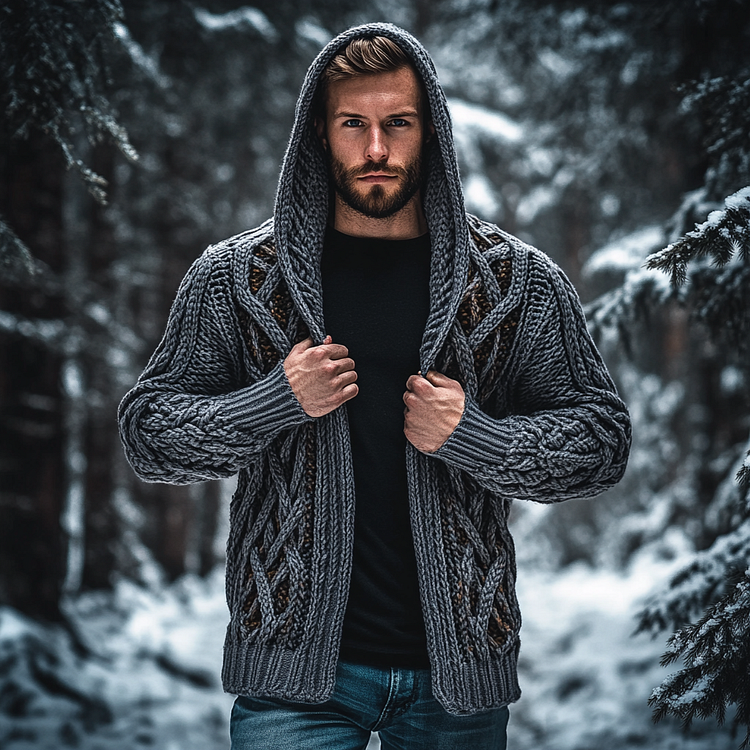 VChics Men's Vintage Celtic Knot Jacquard Chunky Knit Cozy Zip Up Cardigan Sweater