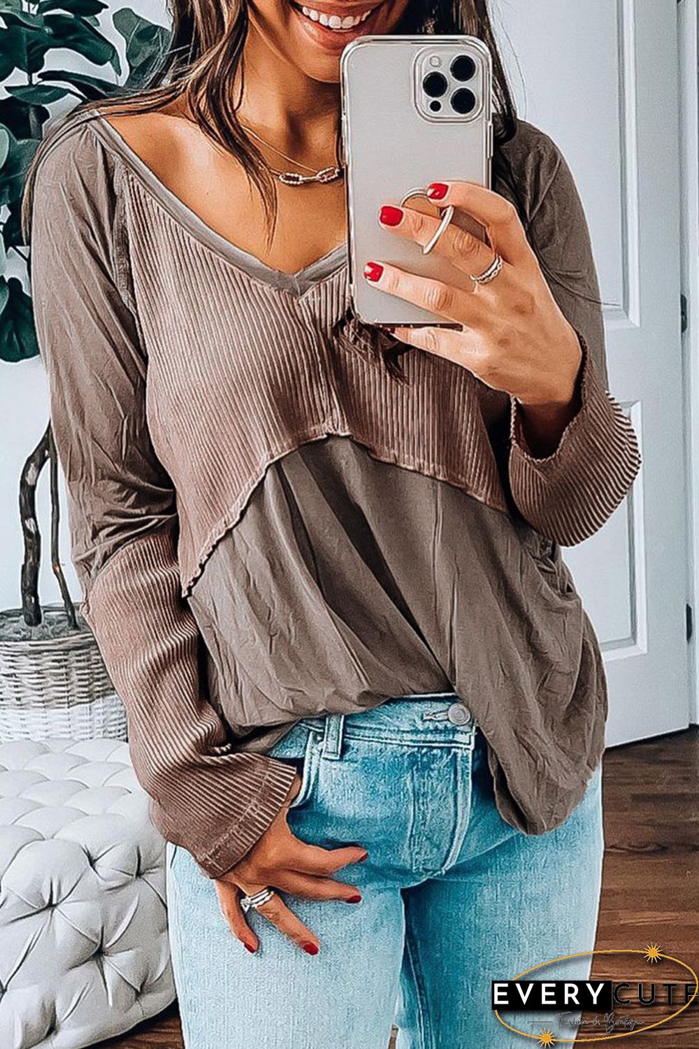 Khaki Ribbed Patchwork V Neck Long Sleeve Top