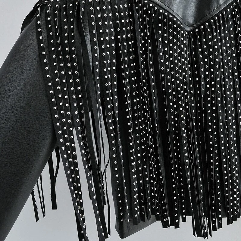 FTLZZ Autumn Winter Tassel Rivet Faux Leather short Jackets Women Loose Moto Bike Soft PU Leather Coat Single Breasted Outwear