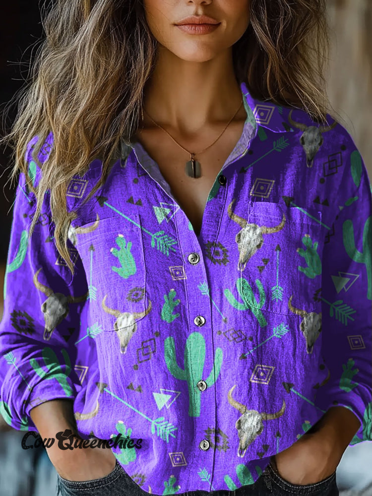Women’s Vintage Purple Cactus Bull Head Print Casual Long Sleeve Comfortable Cotton Shirt