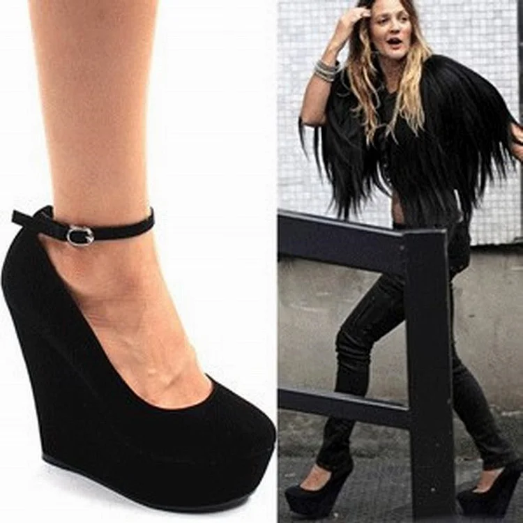 Black Suede Ankle Strap Wedges with Platform Vdcoo