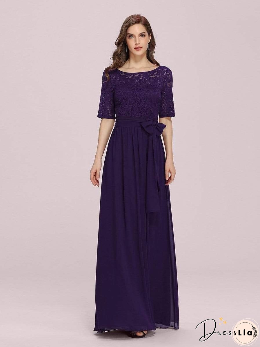 Sophisticated Lace Bodice Chiffon Maxi Evening Gown with Belt for Elegant Occasions