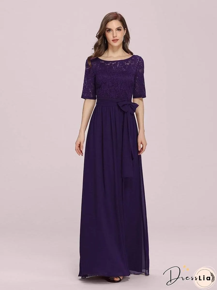 Sophisticated Lace Bodice Chiffon Maxi Evening Gown with Belt for Elegant Occasions