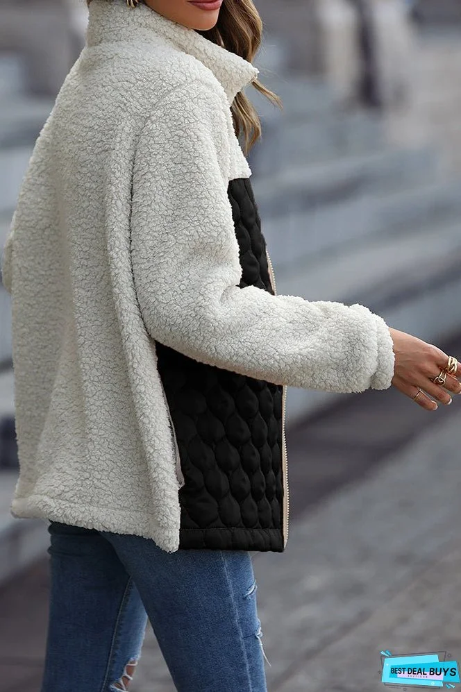 Color Block Leopard Patchwork Zipper Fleece Coat