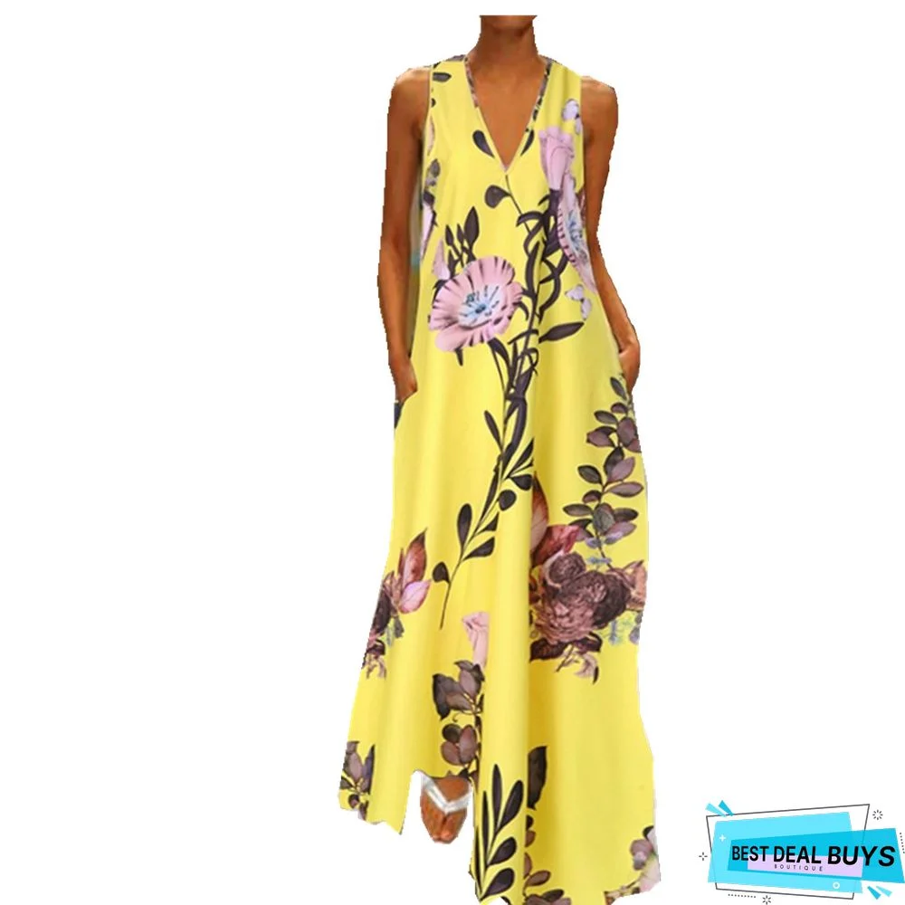 Printed Deep V-Neck Dress Sleeveless A-Word Large Size Long Dress White Dresses