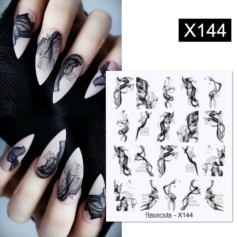 Harunouta Black Ink Blooming Marble Pattern Water Decals Stickers Black Line Flower Leaves Face Slider For Summer Nail Art Decor