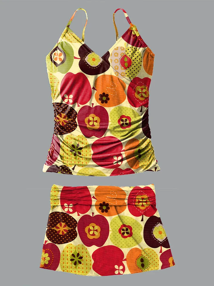 V-Neck Vintage Multicolor Cute Apple Art Print Suspender Skirt Tankini Pantskirt Set Swimsuit